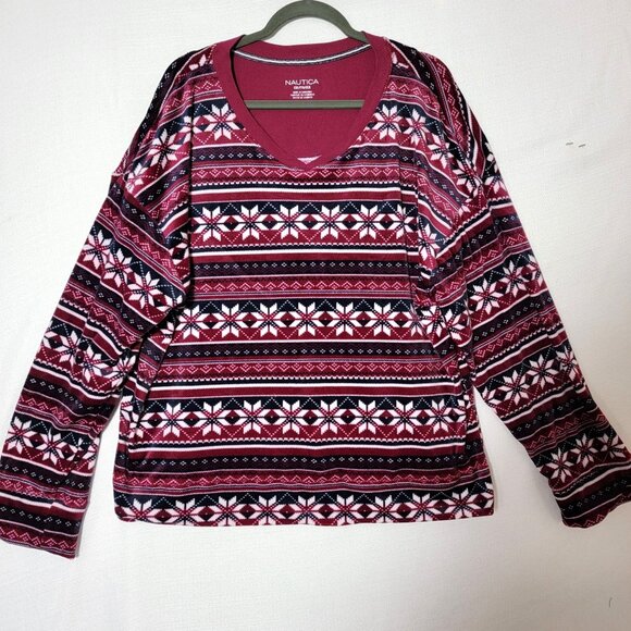 Nautica Other - Nautica Pajama Top Womens Long Sleeve Sz XXL Burgundy White Fair Isle Cabincore